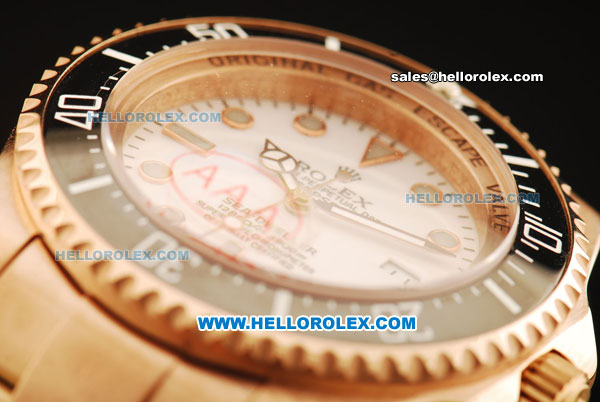 Rolex Oyster Perpetual Deepsea Sea-Dweller Automatic Movement Full Rose Gold with Black Bezel and White Dial - Click Image to Close